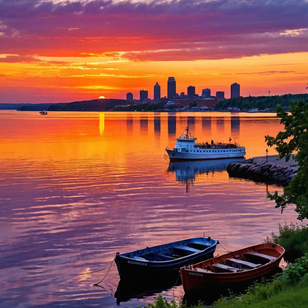 A romantic sunset over Lake Superior, showcasing a historic shipping vessel gliding through tranquil waters, with the picturesque Duluth skyline in the background. The gentle waves reflect vibrant oranges and purples of the sky, while soft silhouettes of couples enjoy the waterfront. Lush greenery and boats in the harbor add depth to the scene. The atmosphere is serene and enchanting, perfect for conveying the theme of love. super-realistic. warm colors. soft focus.