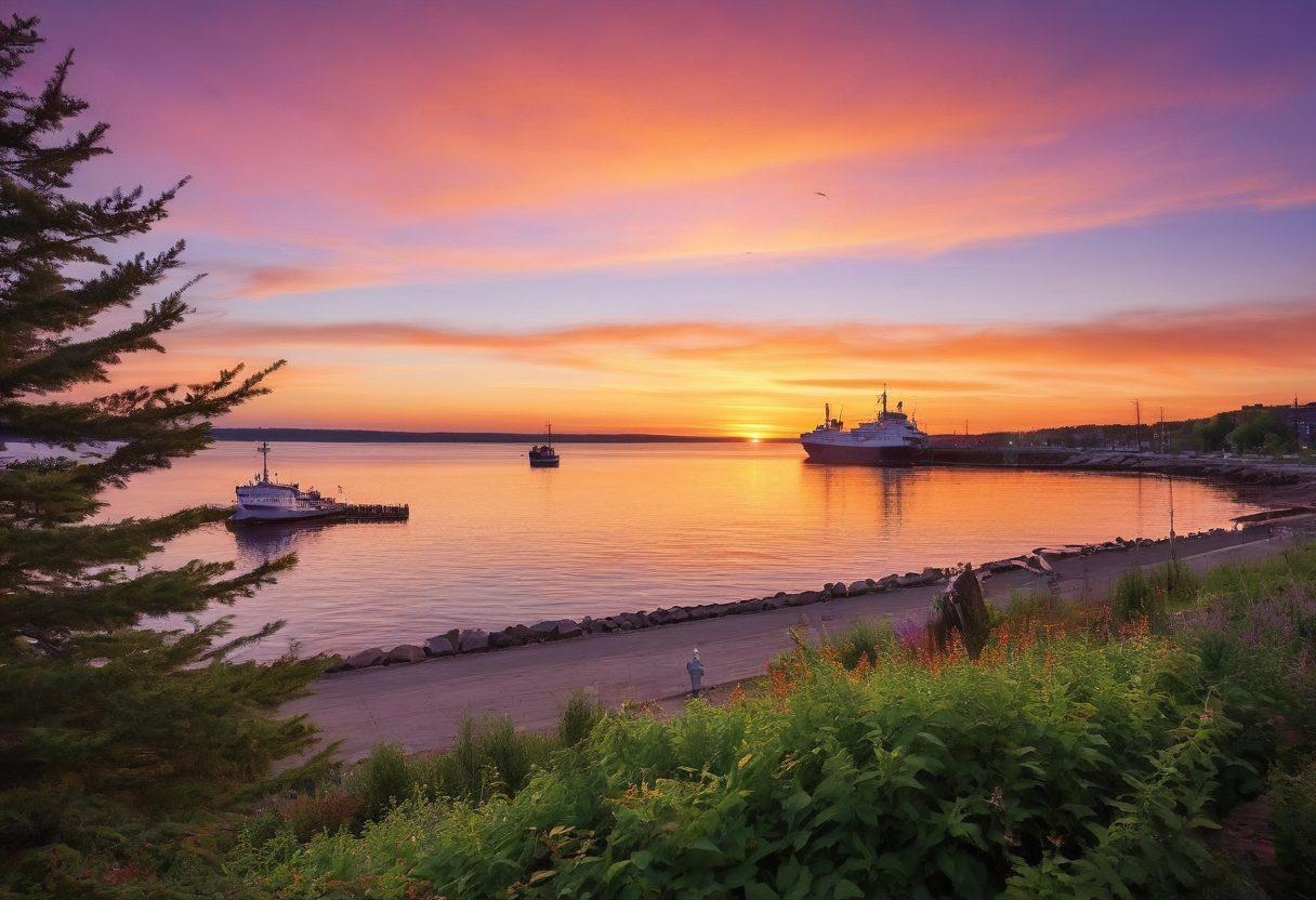 A picturesque view of Duluth's harbor at sunset, with beautifully lit vintage ships gently rocking in the water. In the foreground, a couple stands on the dock, holding hands, gazing at the horizon filled with vibrant orange and purple skies. Lush greenery adorns the coastline, while seagulls gracefully fly overhead. The scene should evoke a sense of romance and adventure, highlighting the shipping scene's charm. super-realistic. vibrant colors. sunset ambiance.